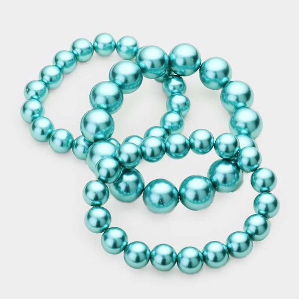3PCS - Teal Blue Stackable Pearl Stretch Bracelets