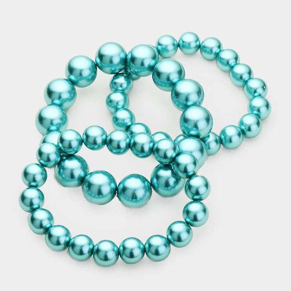 3PCS - Teal Blue Stackable Pearl Stretch Bracelets