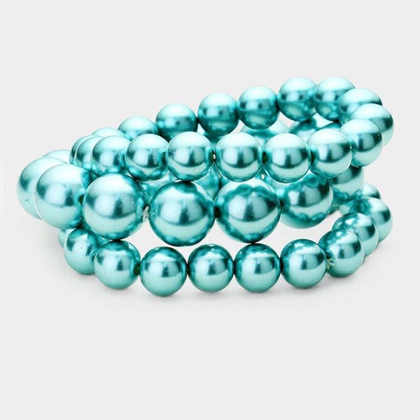 3PCS - Teal Blue Stackable Pearl Stretch Bracelets