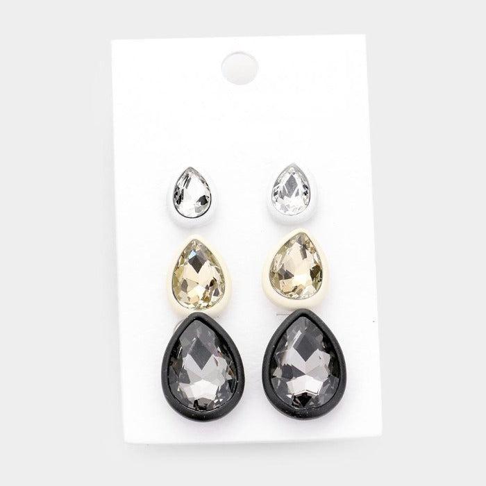 3Pairs - Teardrop Glass Crystal Resin Trim Stud Earrings