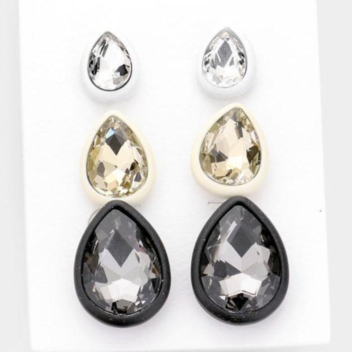 3Pairs - Teardrop Glass Crystal Resin Trim Stud Earrings