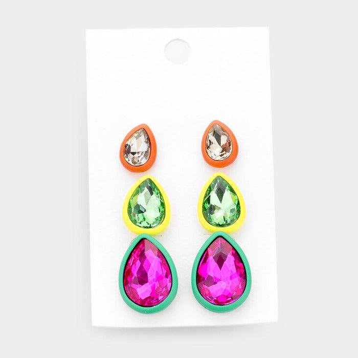3Pairs - Teardrop Glass Crystal Resin Trim Stud Earrings