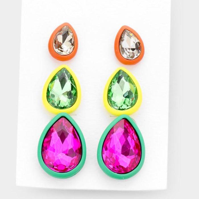 3Pairs - Teardrop Glass Crystal Resin Trim Stud Earrings
