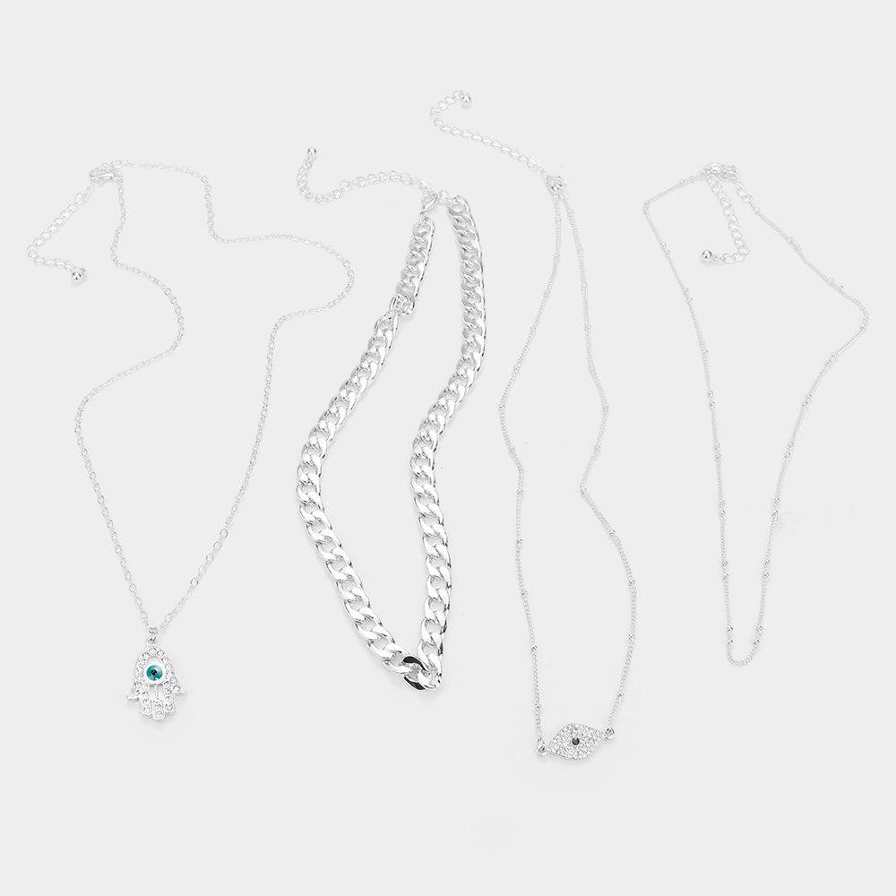 4PCS - Metal Chain Rhinestone Evil Eye Hamsa Hand Pendant Necklaces Set