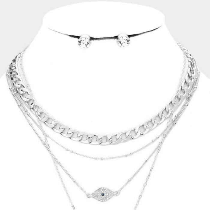 4PCS - Metal Chain Rhinestone Evil Eye Hamsa Hand Pendant Necklaces Set