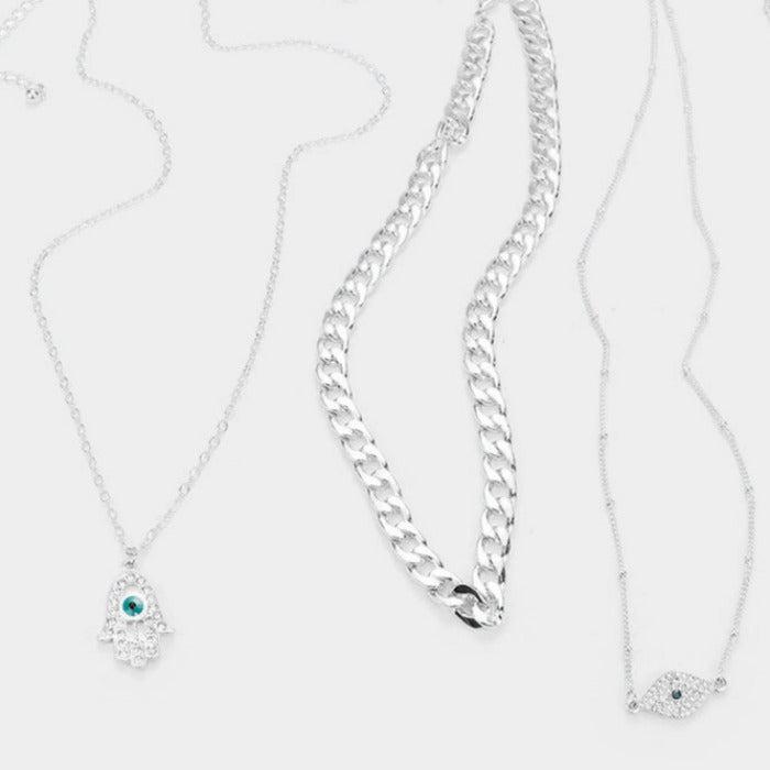 4PCS - Metal Chain Rhinestone Evil Eye Hamsa Hand Pendant Necklaces Set