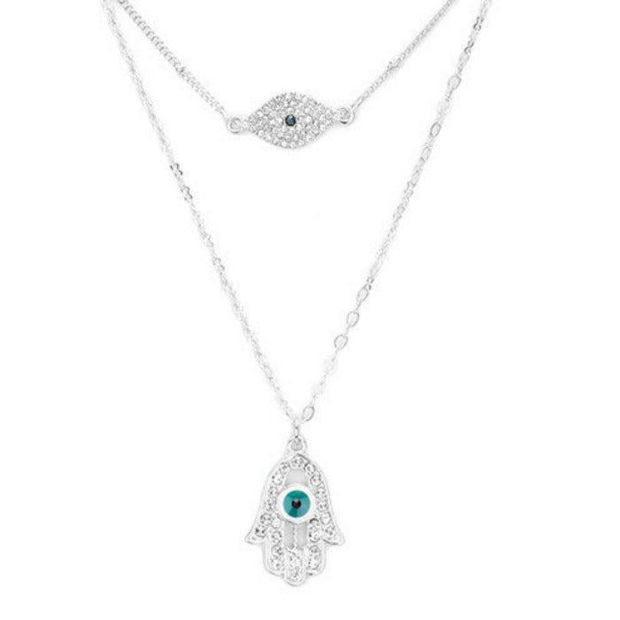 4PCS - Metal Chain Rhinestone Evil Eye Hamsa Hand Pendant Necklaces Set