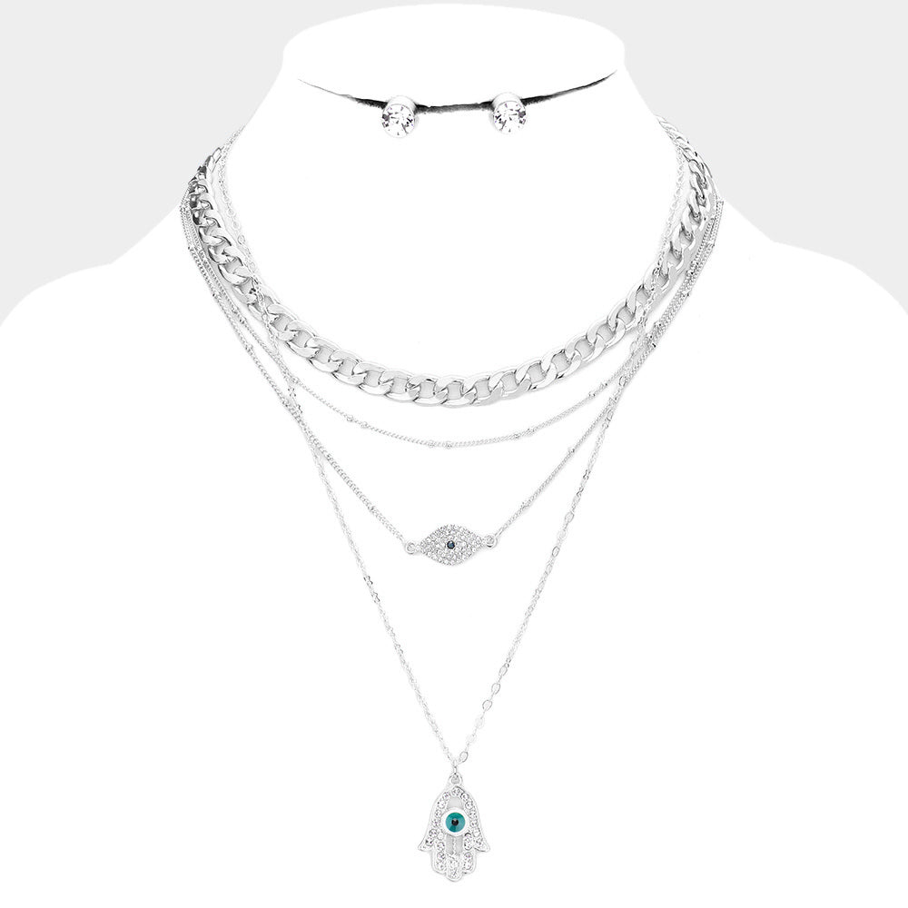 4PCS - Metal Chain Rhinestone Evil Eye Hamsa Hand Pendant Necklaces Set