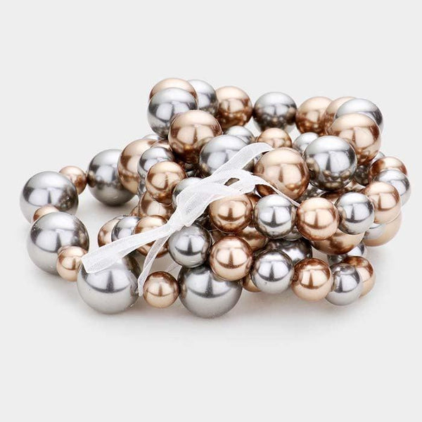 5 Piece Chunky Brown & Gray Pearl Stretch Layered Bracelets
