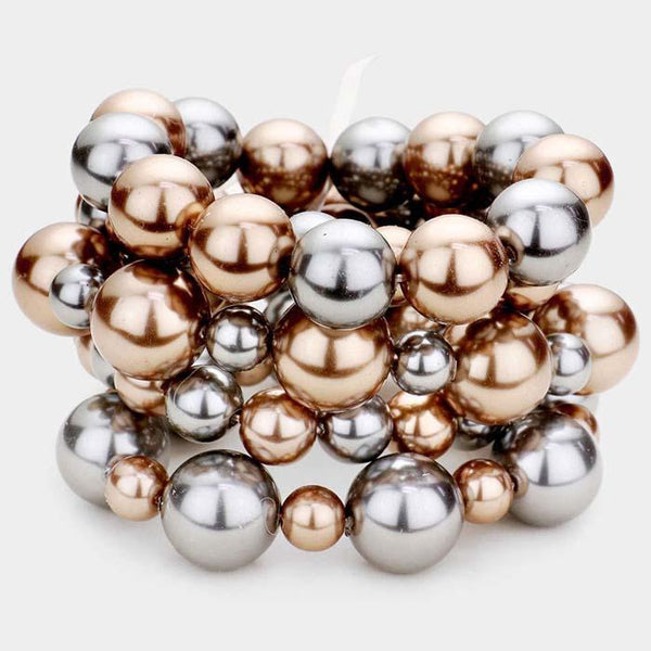 5 Piece Chunky Brown & Gray Pearl Stretch Layered Bracelets