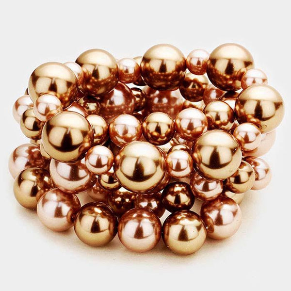 5 Piece Chunky Brown Pearl Stretch Layered Bracelets