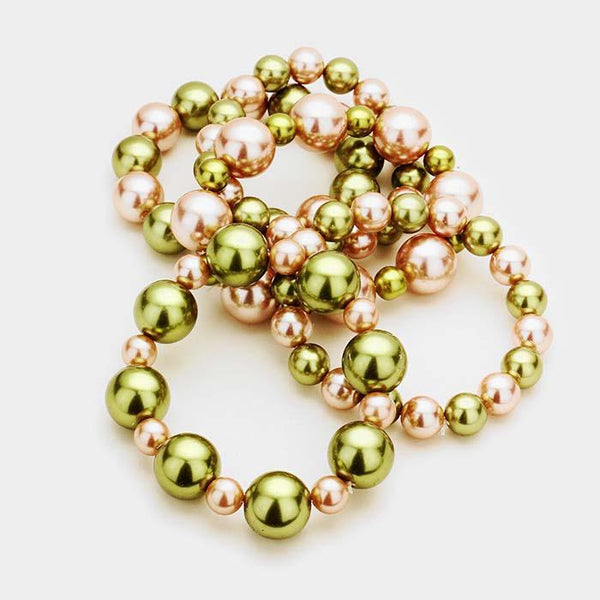 5 Piece Chunky Green Pearl Stretch Layered Bracelets