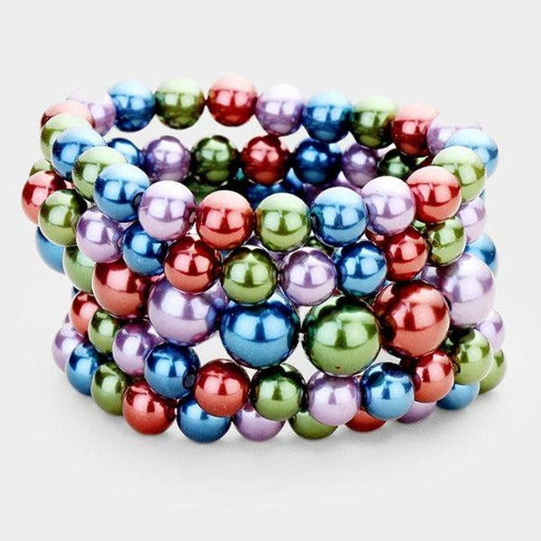 5 Piece Chunky Multi-Color Pearl Stretch Layered Bracelets