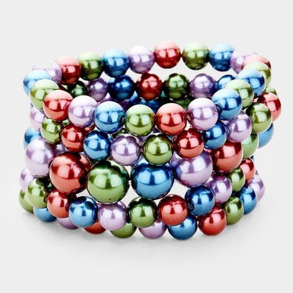 5 Piece Chunky Multi-Color Pearl Stretch Layered Bracelets