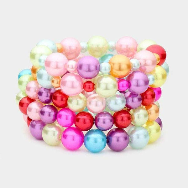 5 Piece Chunky Multi Color Pearl Stretch Layered Bracelets