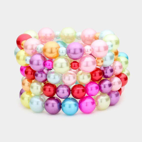 5 Piece Chunky Multi Color Pearl Stretch Layered Bracelets