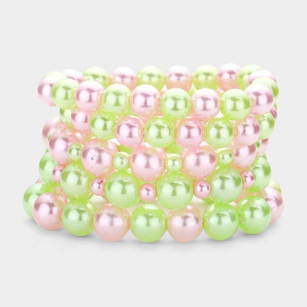 5 Piece Pink & Green Pearl Stretch Layered Bracelets