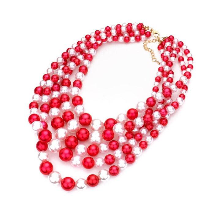 5 Strand Red White Pearl (faux) Necklace & Earring Set