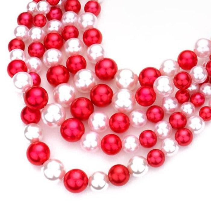  5 Strand Red White Pearl (faux) Necklace & Earring Set