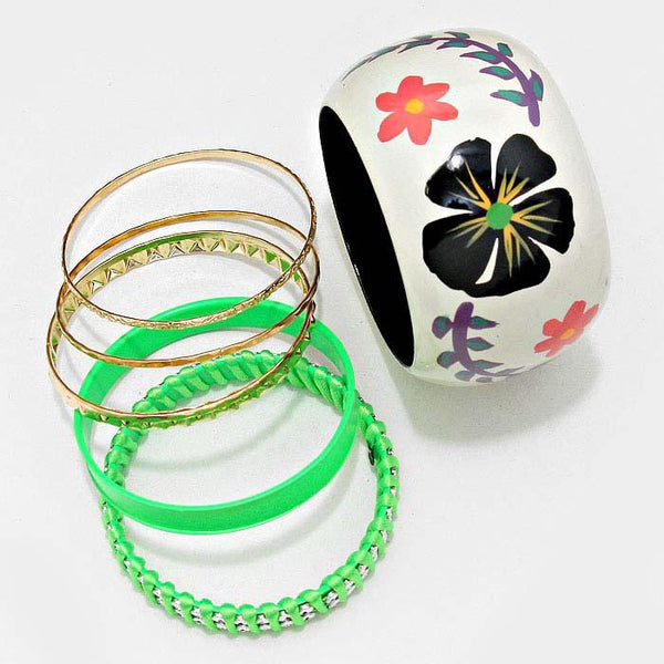 7-Layers Braided Metal & Floral Print Wood Bangle Bracelets