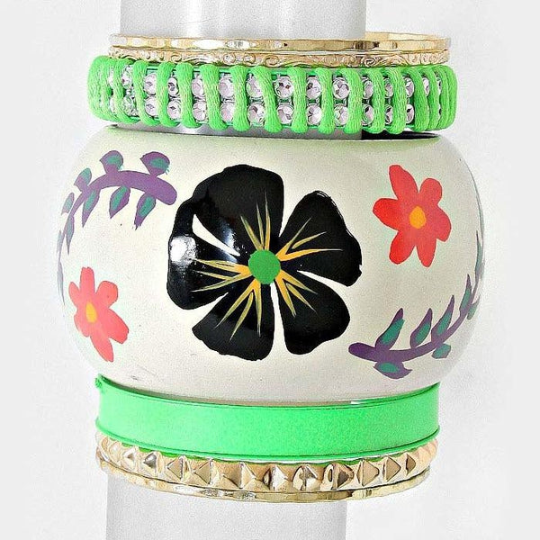 7-Layers Braided Metal & Floral Print Wood Bangle Bracelets