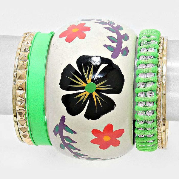 7-Layers Braided Metal & Floral Print Wood Bangle Bracelets