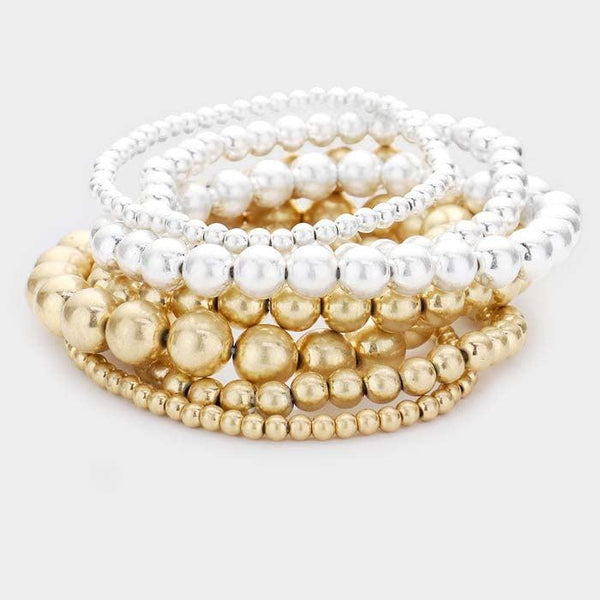 7PCS - Two Tone Metal Ball Stretch Bracelets