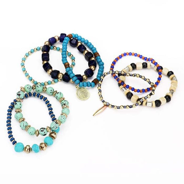 8PCS - Coin Charm Wood Multi Beaded Stretch Bracelets