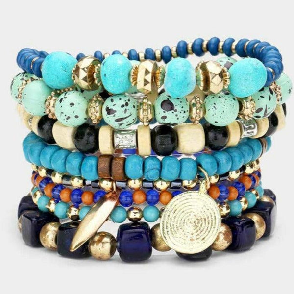 8PCS - Coin Charm Wood Multi Beaded Stretch Bracelets
