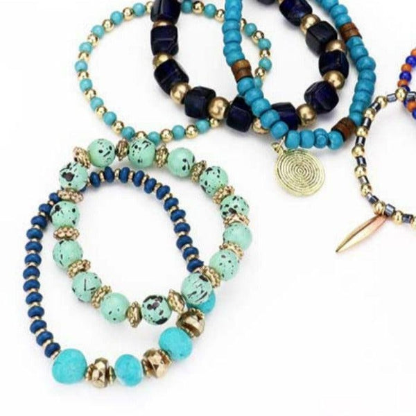 8PCS - Coin Charm Wood Multi Beaded Stretch Bracelets
