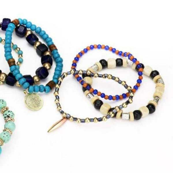 8PCS - Coin Charm Wood Multi Beaded Stretch Bracelets
