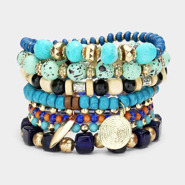 8PCS - Coin Charm Wood Multi Beaded Stretch Bracelets