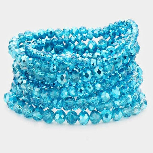 9PCS - Aqua Blue Faceted Bead Stretch Bracelets