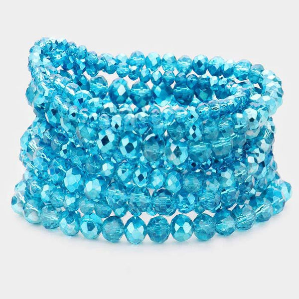 9PCS - Aqua Blue Faceted Bead Stretch Bracelets