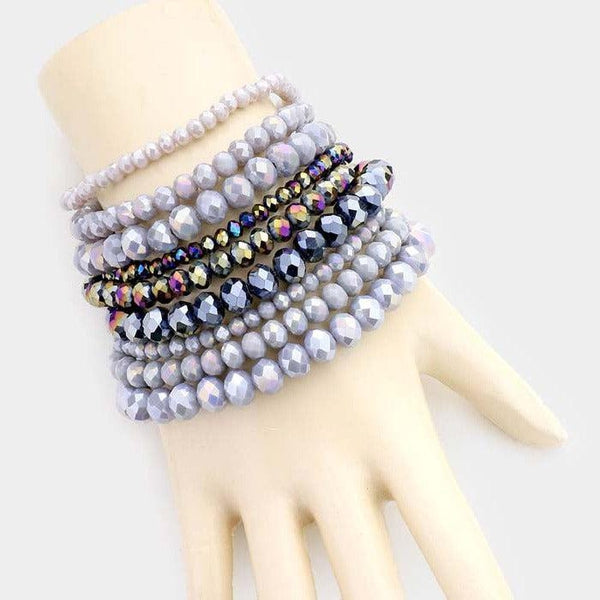 9PCS - Gray Faceted Bead Stretch Bracelets