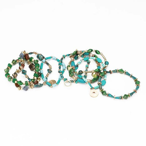 9PCS - Green Coin Charm Wood Multi Beaded Stretch Bracelets