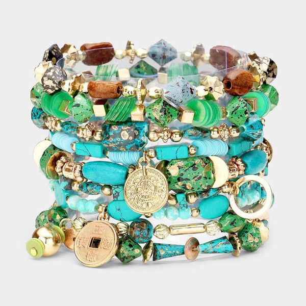 9PCS - Green Coin Charm Wood Multi Beaded Stretch Bracelets