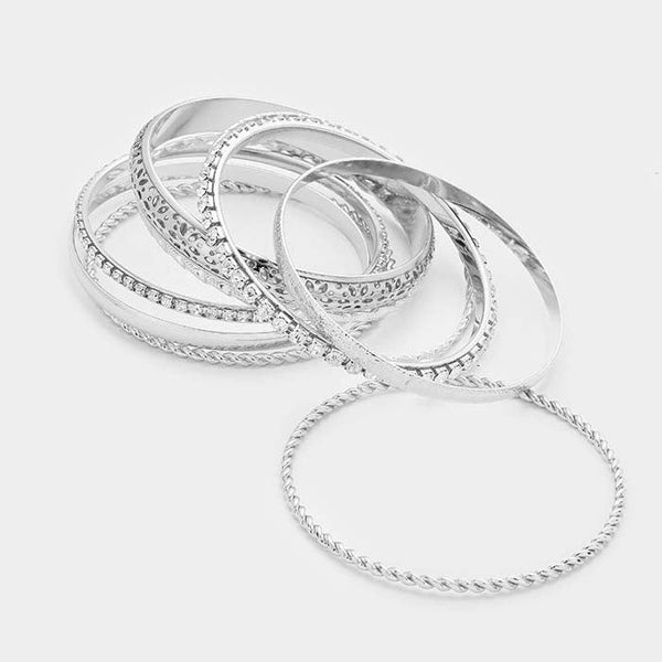 9PCS - Mixed Rhinestone Silver Metal Filigree Bangle Bracelets
