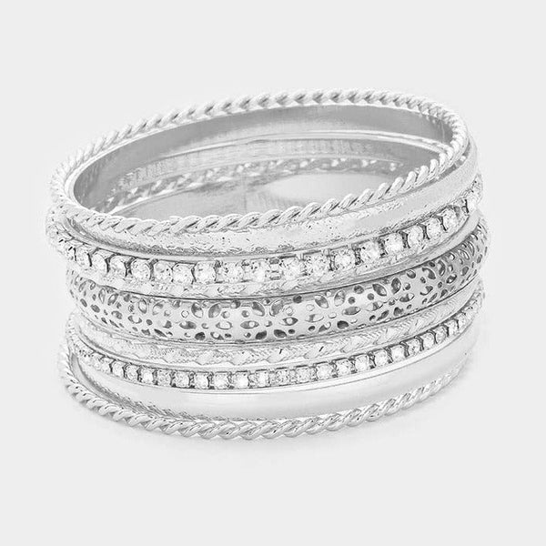 9PCS - Mixed Rhinestone Silver Metal Filigree Bangle Bracelets