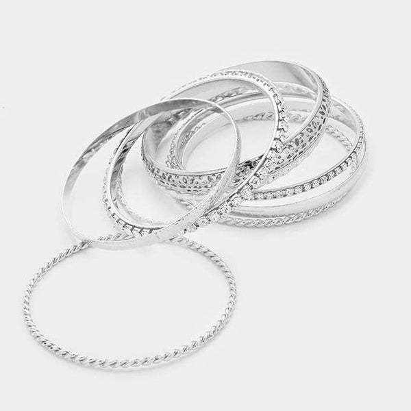 9PCS - Mixed Rhinestone Silver Metal Filigree Bangle Bracelets