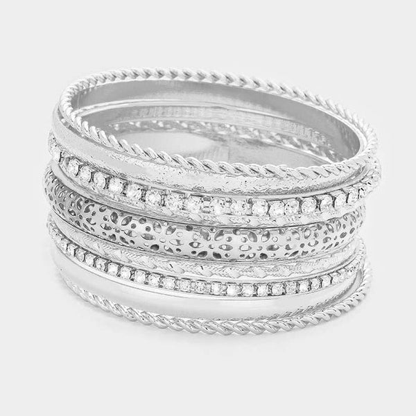 9PCS - Mixed Rhinestone Silver Metal Filigree Bangle Bracelets
