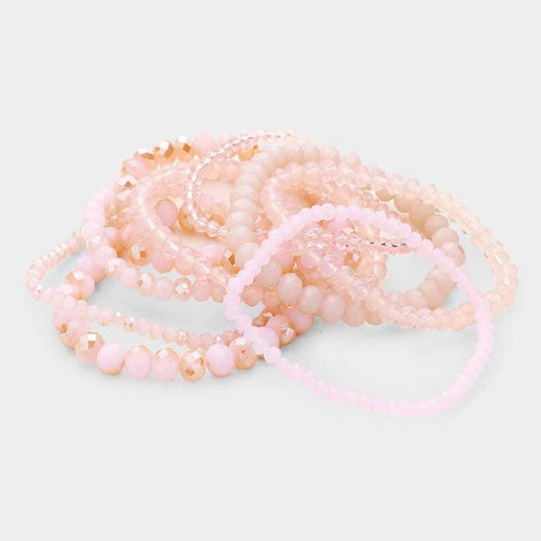 9PCS - Pink Faceted Bead Stretch Bracelets