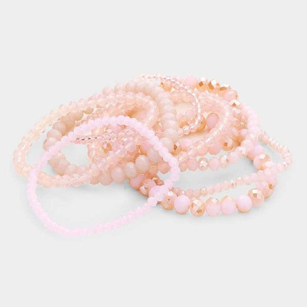 9PCS - Pink Faceted Bead Stretch Bracelets