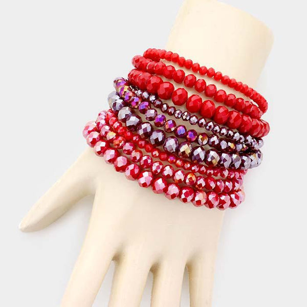 9PCS - Red Faceted Bead Stretch Bracelets