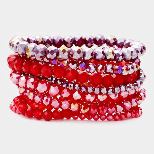 9PCS - Red Faceted Bead Stretch Bracelets