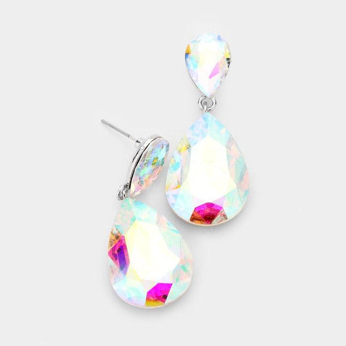 Abalone Crystal Double Teardrop Silver Dangle Earrings