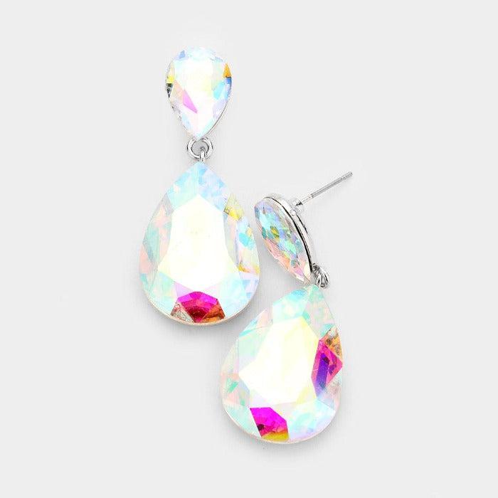 Abalone Crystal Double Teardrop Silver Dangle Earrings