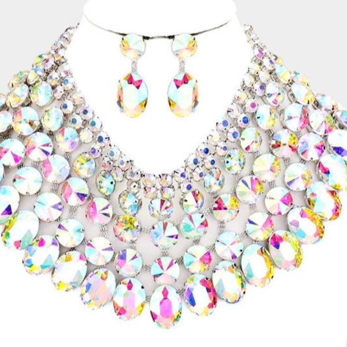Abalone Crystal Glass Bib Statement Necklace Set