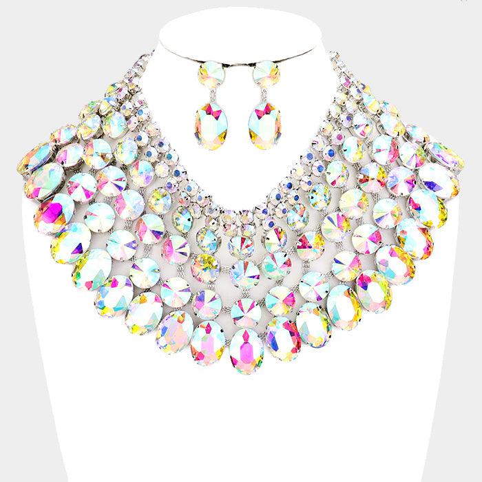 Abalone Crystal Glass Bib Statement Necklace Set