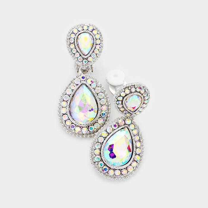 Abalone Crystal Pave Trim Teardrop Clip on Earrings by Miro Crystal Collection